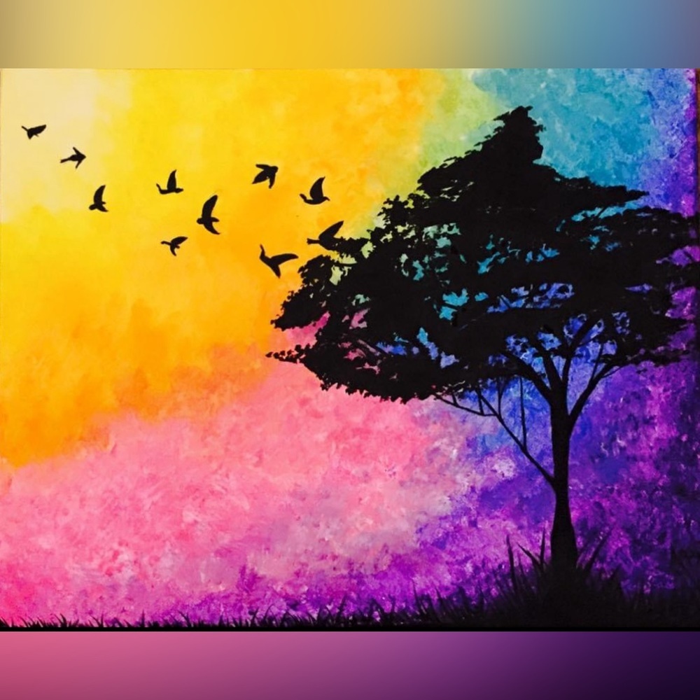 🦜🌲Neon Fly Away Tree 🦜🌲 Painting ON CANVAS - HANDMADE by ME 🎨
